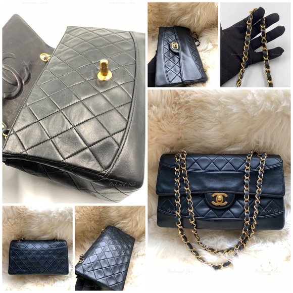 Authentic CHANEL Lambskin Double Chain Small Vintage Flap Black / Gold Hardware - Picture 16 of 17